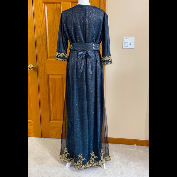 Formal Dress Sizes M & XL Blue Gold Glitter Sparkle Sleeves SULTAN Kaftan Abaya - Picture 10 of 15